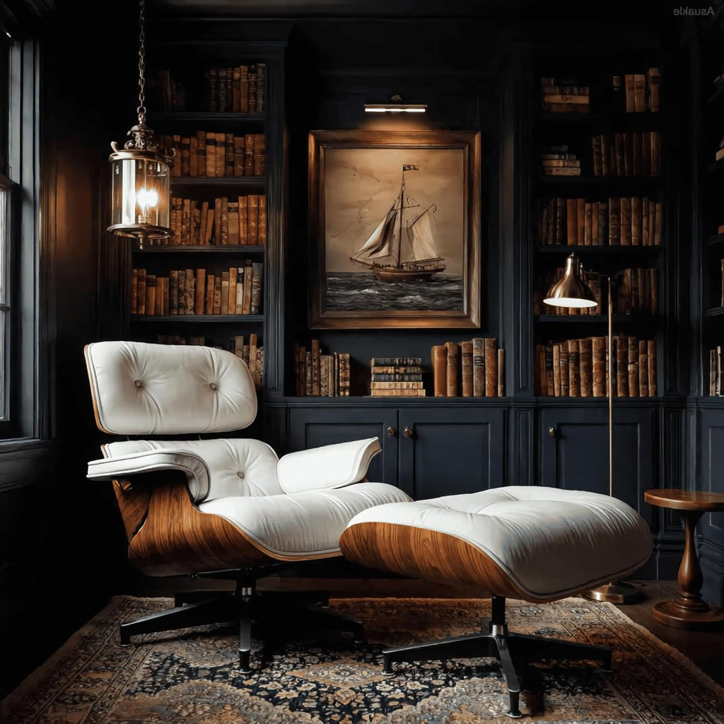 Modern Chaise Lounge Chair and Ottoman — White Leather