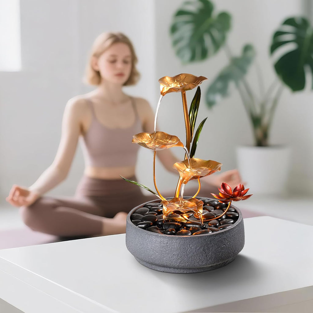 Indoor Tabletop Fountain Exquisite Meditation Desk Water Fountain Decorative Zen,4-Tier Lotus Desk Fountain, Decor
