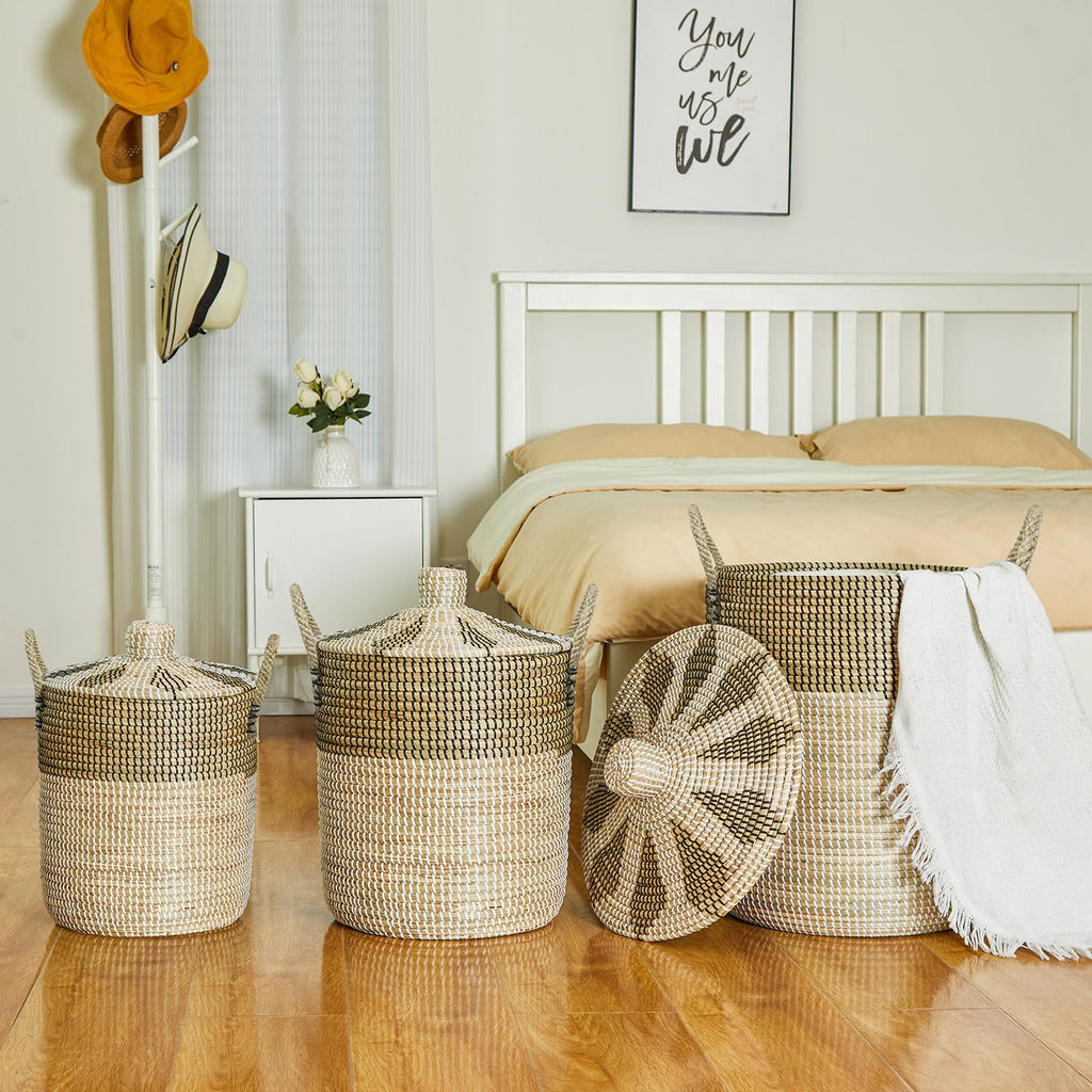 Set of 3 Laundry Hamper with Lid, Handmade Seagrass Woven Storage Basket for Toys, Pillows, Blankets, Clothes