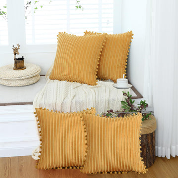 Yellow Soft Striped Corduroy Throw Pillow Covers 18x18 Set of 4
