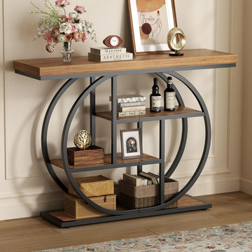 41.3" Console Table with Storage, Industrial Entryway Table, 4-Tier Shelves Sofa Table Behind Couch, Narrow Wood