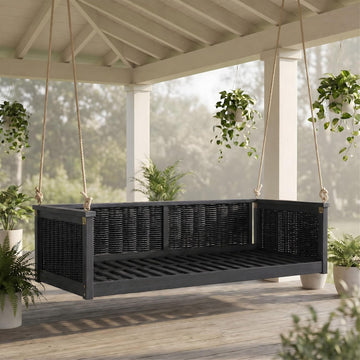 79.5" Acacia Solid Wood Porch Swing Bed Twin Size Rattan Hanging Daybed with Hemp Ropes, Garden Classic Patio