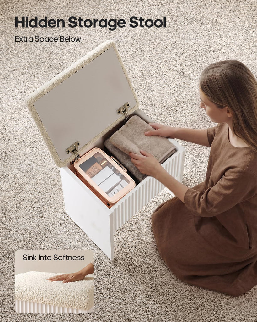 Small Vanity, Fluted Desk with Mirror and Lights, Stool, Charging Station | Sound sync RGB lights, LED glass cabinet