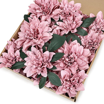 Dusty Pink Dahlia Artificial Flowers with Stems, Silk, 24 PCS