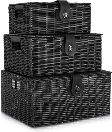 Set of 3 Woven Wicker Storage Basket Box with Lids & Lock, Built-in Carry Handles, Multifunctional Storage Organizer