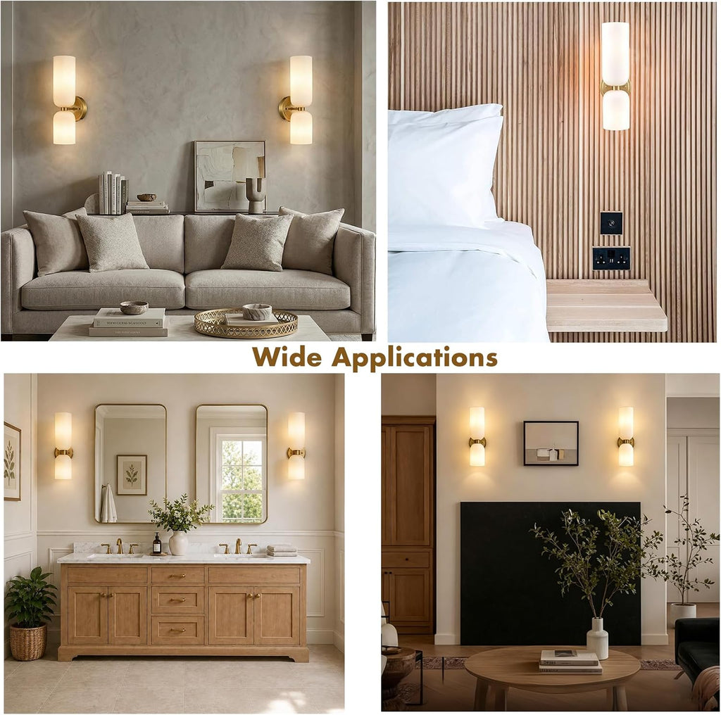 Gold Wall Sconces Set of Two 2-Light Modern Wall Light | 3.93"(W)*14.2"(H), E12 Dimmable, Slim Milky White Glass