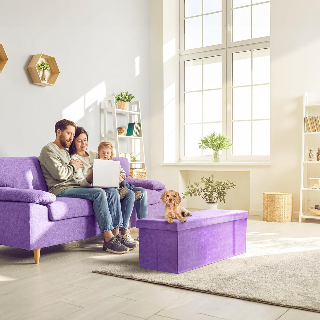 Storage Ottoman Bench - 43 in Purple Toy Box , End of Bed, Bedroom Bench Large Folding Chest Seat Trunk Blankets