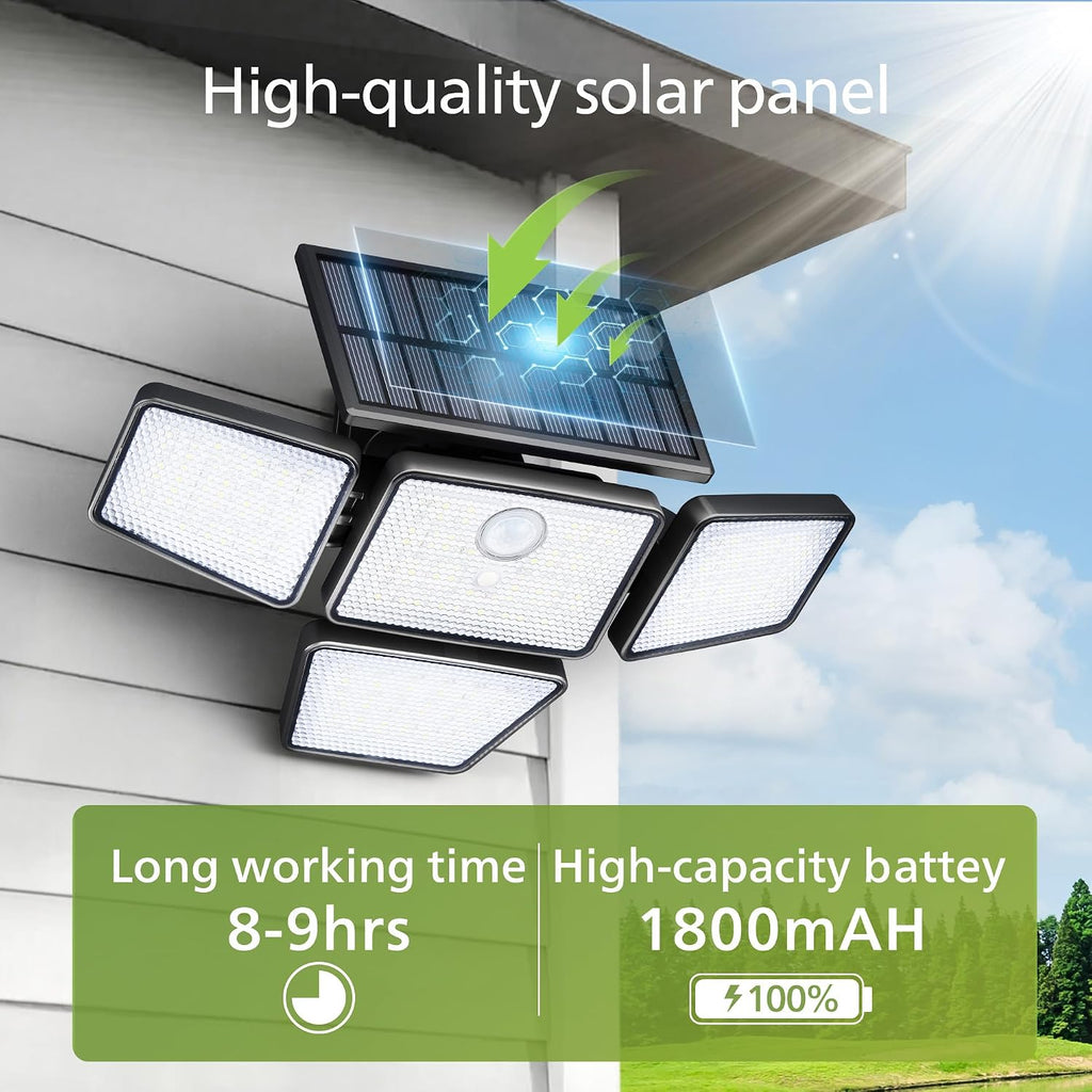 Solar Security Light Outdoor, 196 LED Wall-Mounted Flood Light w/PIR Motion Sensor, 3 Modes, 4 Adjustable Heads
