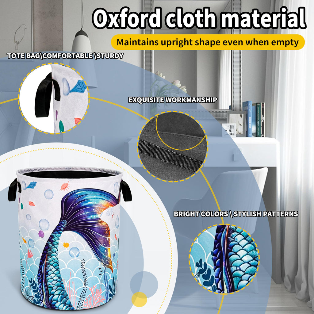 Blue Purple Mermaid Tail Laundry Basket Foldable Waterproof 18.9x16.5 Inch