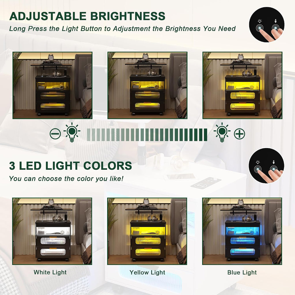 Nightstand with Wireless Charging Station, LED Nightstand Has Adjustable Rotary Workstation,Smart Night Stand with 2