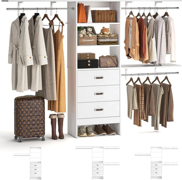 8FT Closet System, 96'' Closet Organizer System with 3 Hanging Rods, Wall Mount Bedroom Wardrobe with 3 Drawers