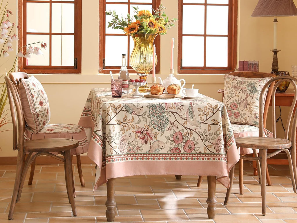 Designer Pink Linen Table Cloth for Rectangle Table,Vintage Floral with Birds Pattern Decorative Tab