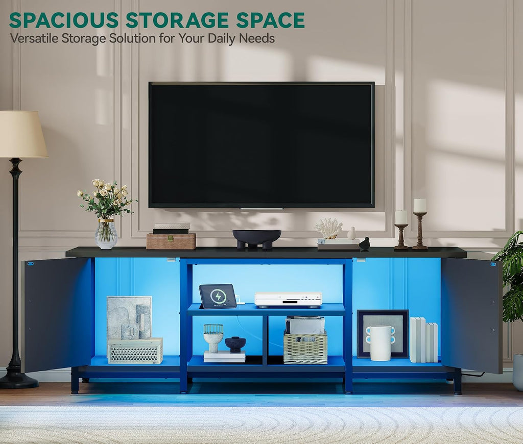TV Stand with LED Lights & Charging Station, Farmhouse Entertainment Center with Storage Cabinets & Shelves