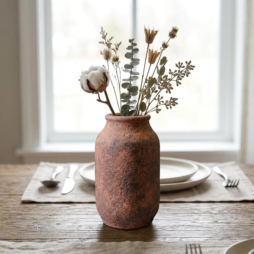 Terracotta Farmhouse Vase, 9 Inch Rustic Ceramic Flower Vases