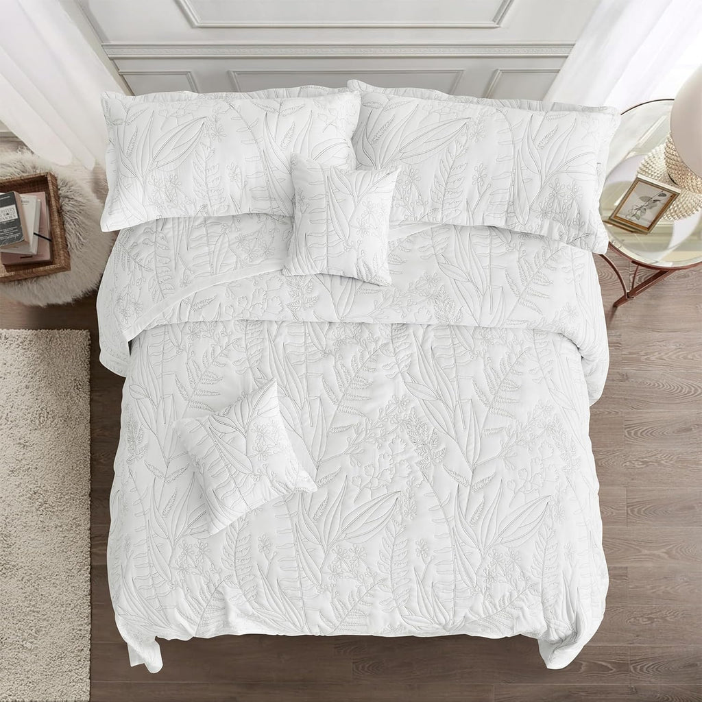 Botanical Oversized King Bedspread, Stitched Leaf Quilt Set King/Cal King, Lightweight Reversible Coverlet, Tailored