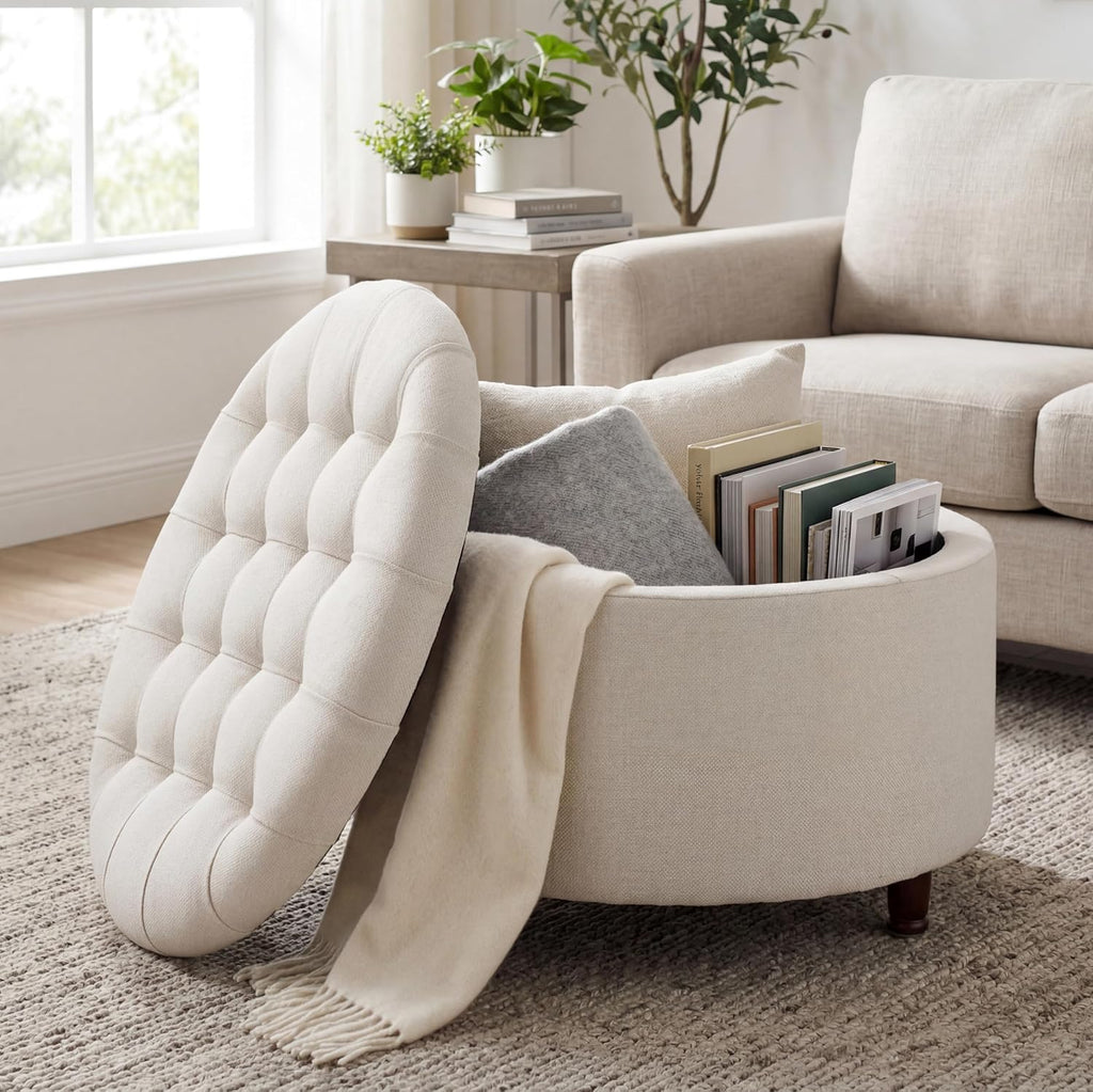 28" Round Storage Ottoman, Tufted Coffee Table,Beige