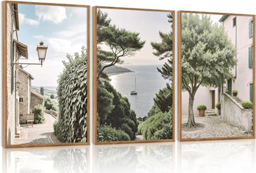 Neutral Italy Cityscape Gallery Framed Wall Art(16"x24"), 3PCS Vintage Mediterranean Countryside Landscape Canvas