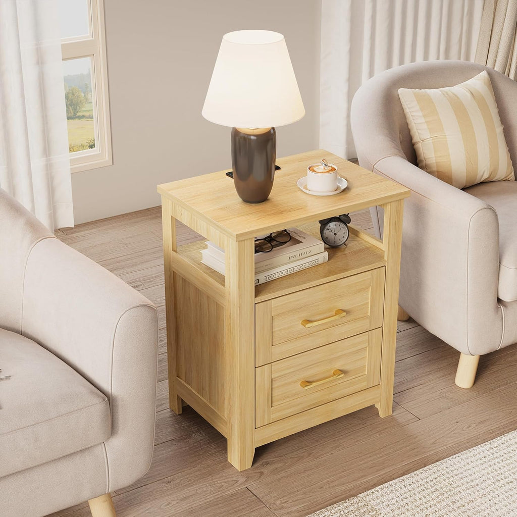 Farmhouse Nightstand with Charging Station, Modern End Tables with 2 Drawers & Open Shelf, Outlets, USB Ports and