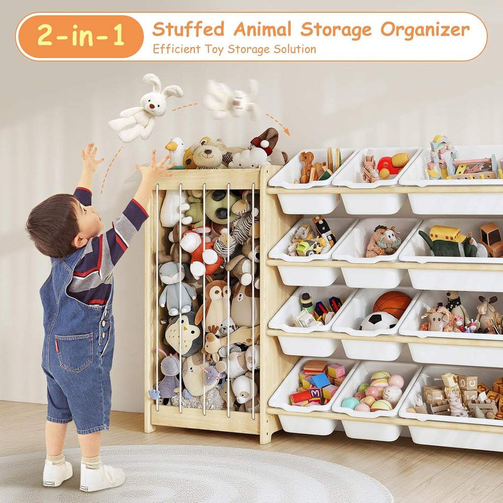 Kids Toy Storage Organizer, 2-in-1 Stuffed Animal Storage & Toy Organizer w/12 Bins, Solid Wood Toy Rack Featuring