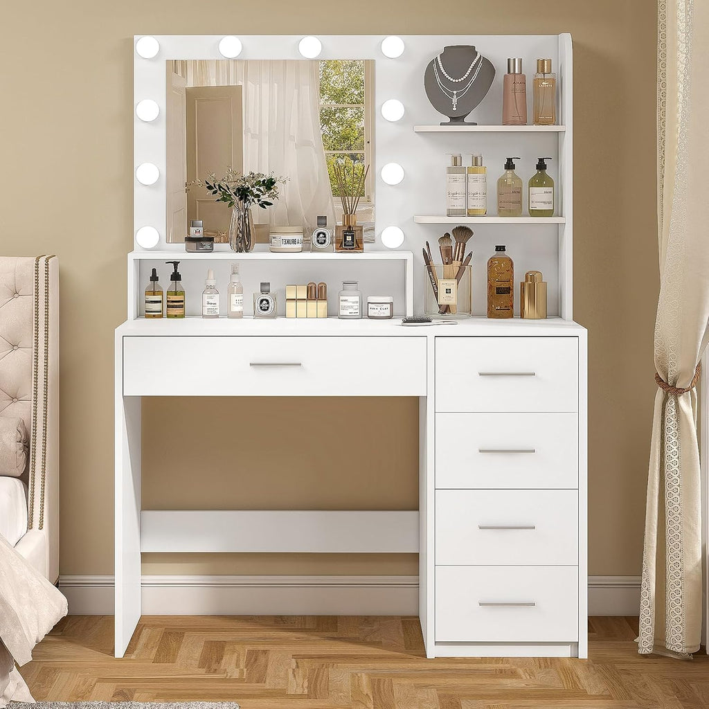 Vanity Desk with Mirror & Lights, Makeup Vanity with 5 Drawers & Storage Shelves, White Vanity Table, 3 Color Modes &