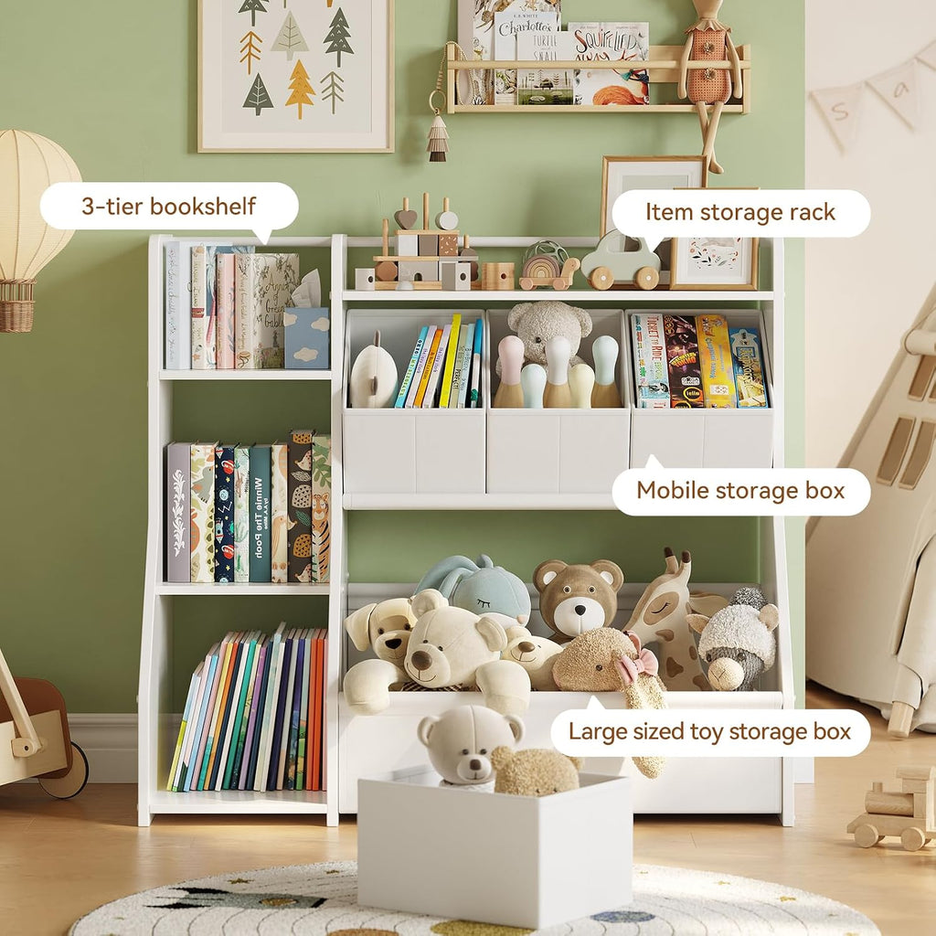 Kids Toy Storage Organizer with Bookshelf | Three-tier bookshelf and spacious toy bin encourage independent reading