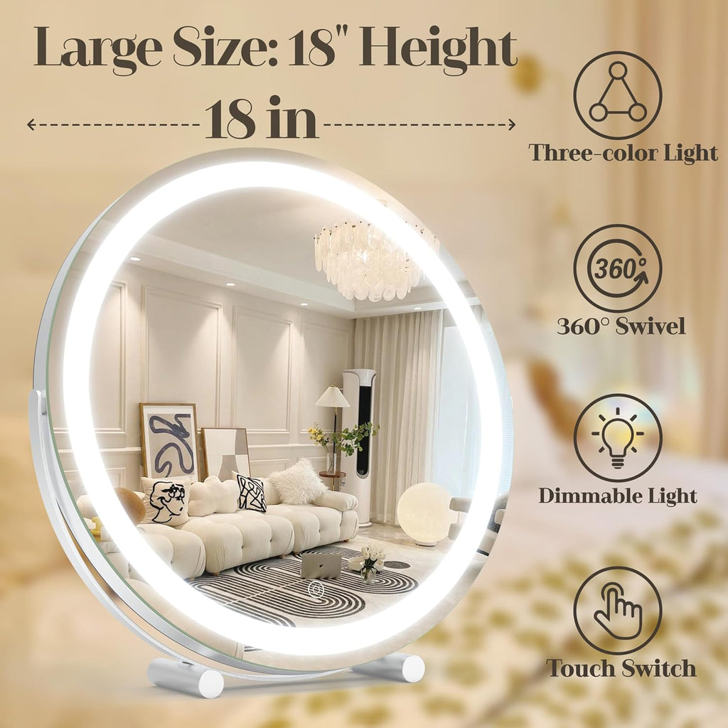 Makeup Mirror with Lights, 18 Inch Vanity Mirror with Lights, Lighted Makeup Mirror, Smart Touch Control Round Lighted