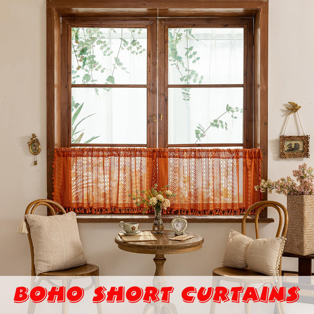Terracotta Boho Short Curtains Window Curtains Over Sink, Burnt Orange Crochet Privacy Farmhouse Lace Sheer Vintage
