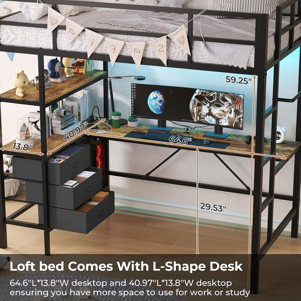 Twin Loft Bed with L-Shaped Desk, LED Lights,Charging Station LED Metal Kids Loft Bed Twin with 3 Storage Shelves and
