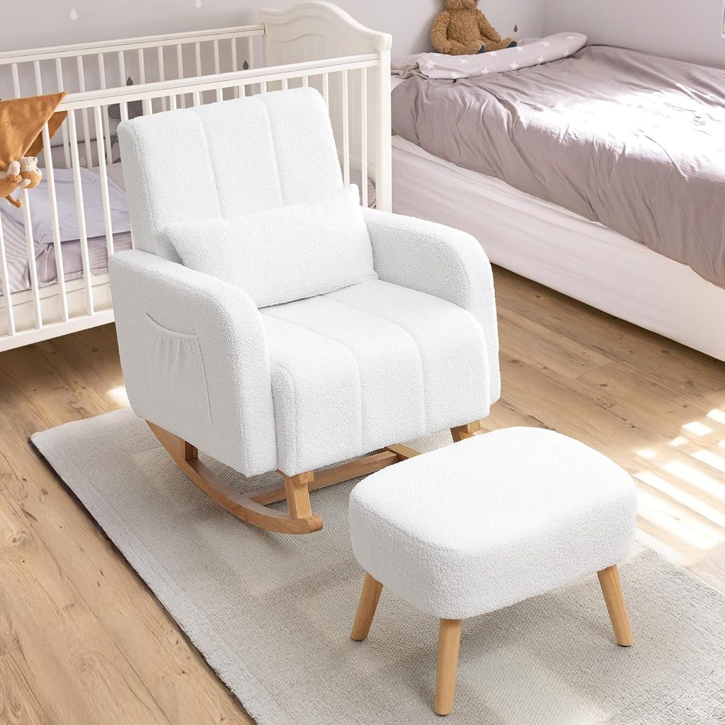 Rocking Chair with Ottoman, Upholstered Glider Rocker with High Backrest and Side Pocket, Comfy Reading Chair with