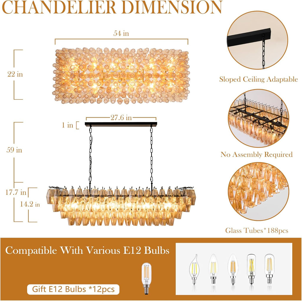 54" Black Rectangular Chandeliers for Dining Room, 12-Light 4 Tiered Large Smoke Glass Chandelier, Modern Kitchen Island Farmhouse Hanging Light Fixture for Living Room Foyer