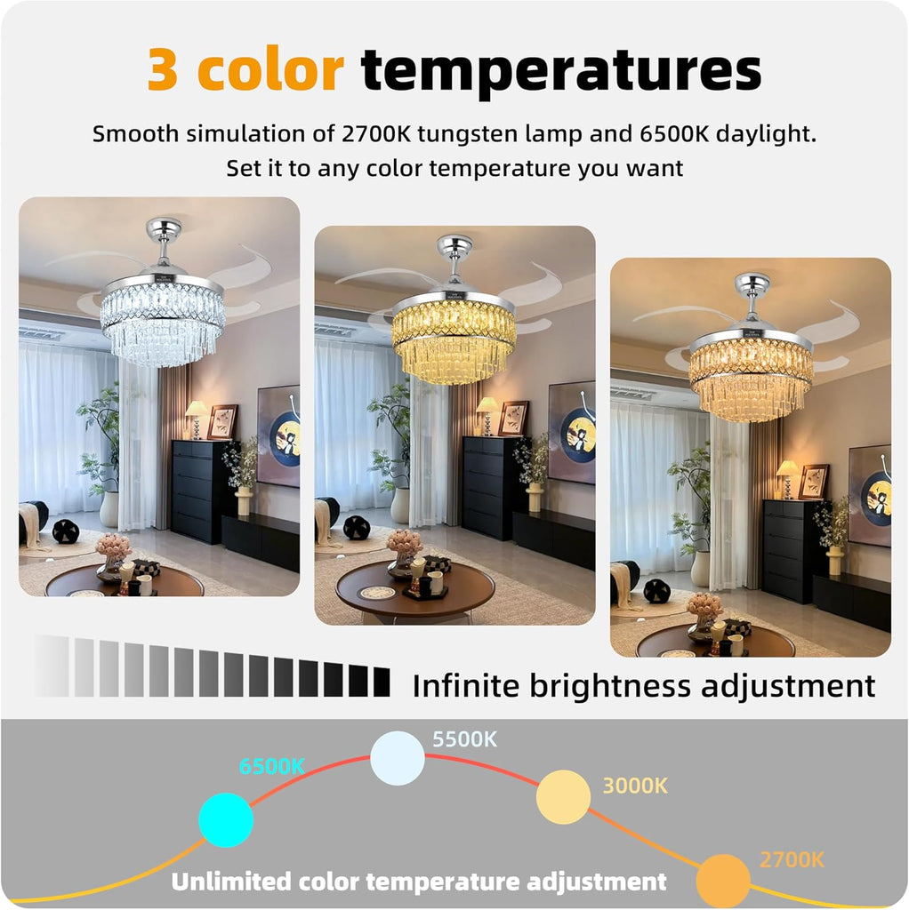 Retractable Crystal Ceiling Fan with Lights, Bluetooth Ceiling Fan with Speaker, 6-Speed Reversible Blades