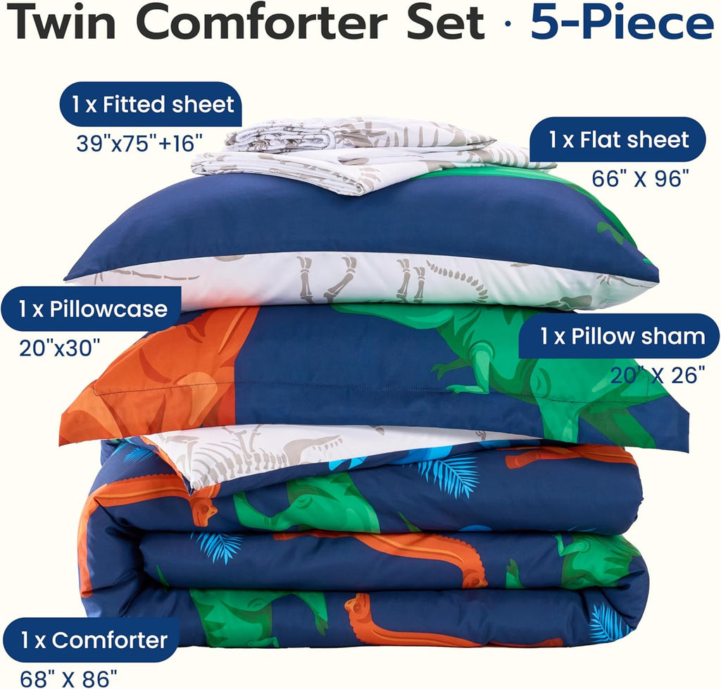 Kid Comforter Set 5 Piece Dinosaur Bedding Set for Boys Girls Super Soft Microfiber Bed in a Bag