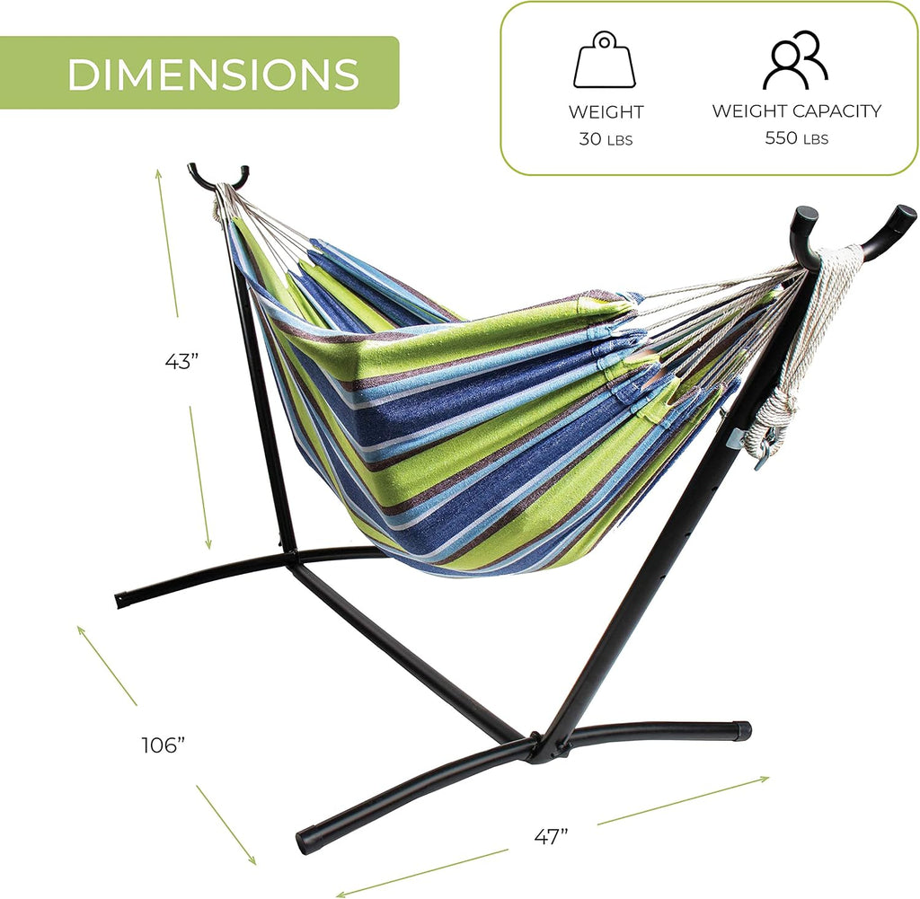 Expressions Double Camping Hammock with Steel Stand & Carrying Bag, Adjustable Height, Ultra Soft Cotton Blend, 550