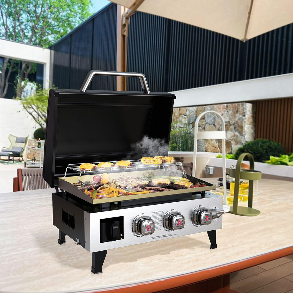 3-Burner Portable Propane Gas Griddle with Lid, 28,000 BTU Flat Top Grill, 504 Sq. In. Cooking Area, Folding Side Tables and Rolling Cart for Outdoor BBQ and Camping