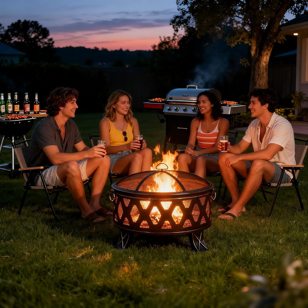 26 Inch Wood Burning Fire Pit with Cooking Grill and Spark Screen, Outdoor Metal Round Firepit