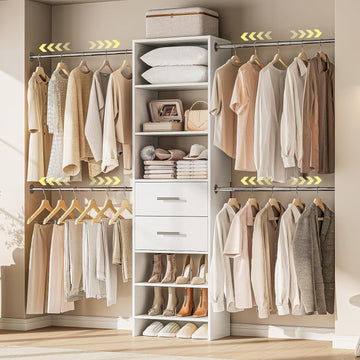 W2 Closet System with 2 Drawers, 3.5FT-7.7FT Closet Organizer System with 4 Chrome-Plated Telescopic Rods & 5
