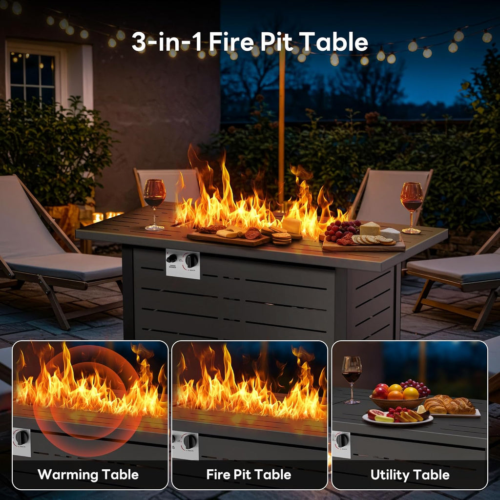 43 Inch Propane Fire Pit, 3-in-1 Multi-Use Outdoor Fire Pit Table, 50,000 BTU Steel Gas Fire Pit with Lid & Lava Rock