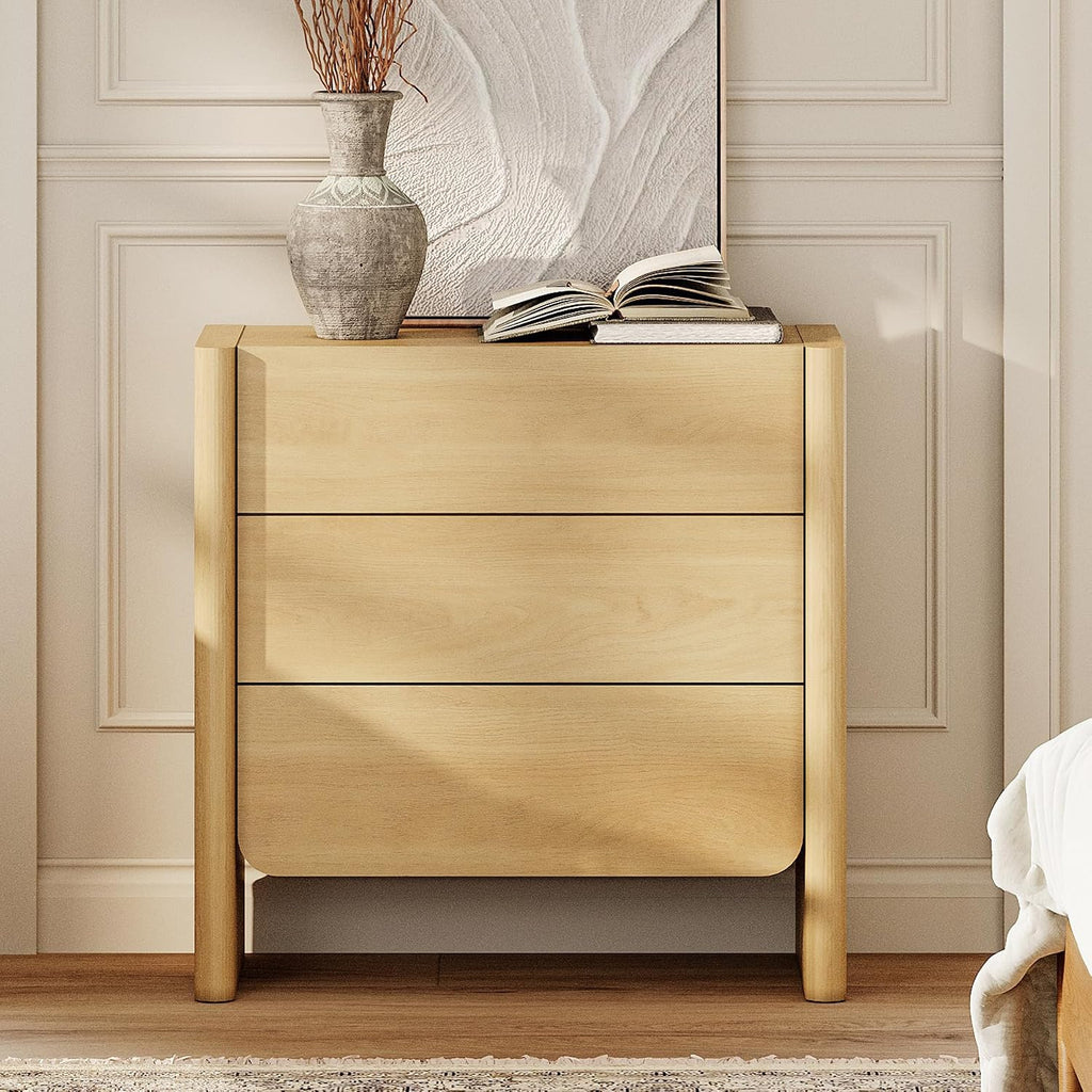 Night Stand with 3 Drawers, Wood Nightstand, Modern Bedside Table with Storage, Side Table & End Table , Rounded Wood