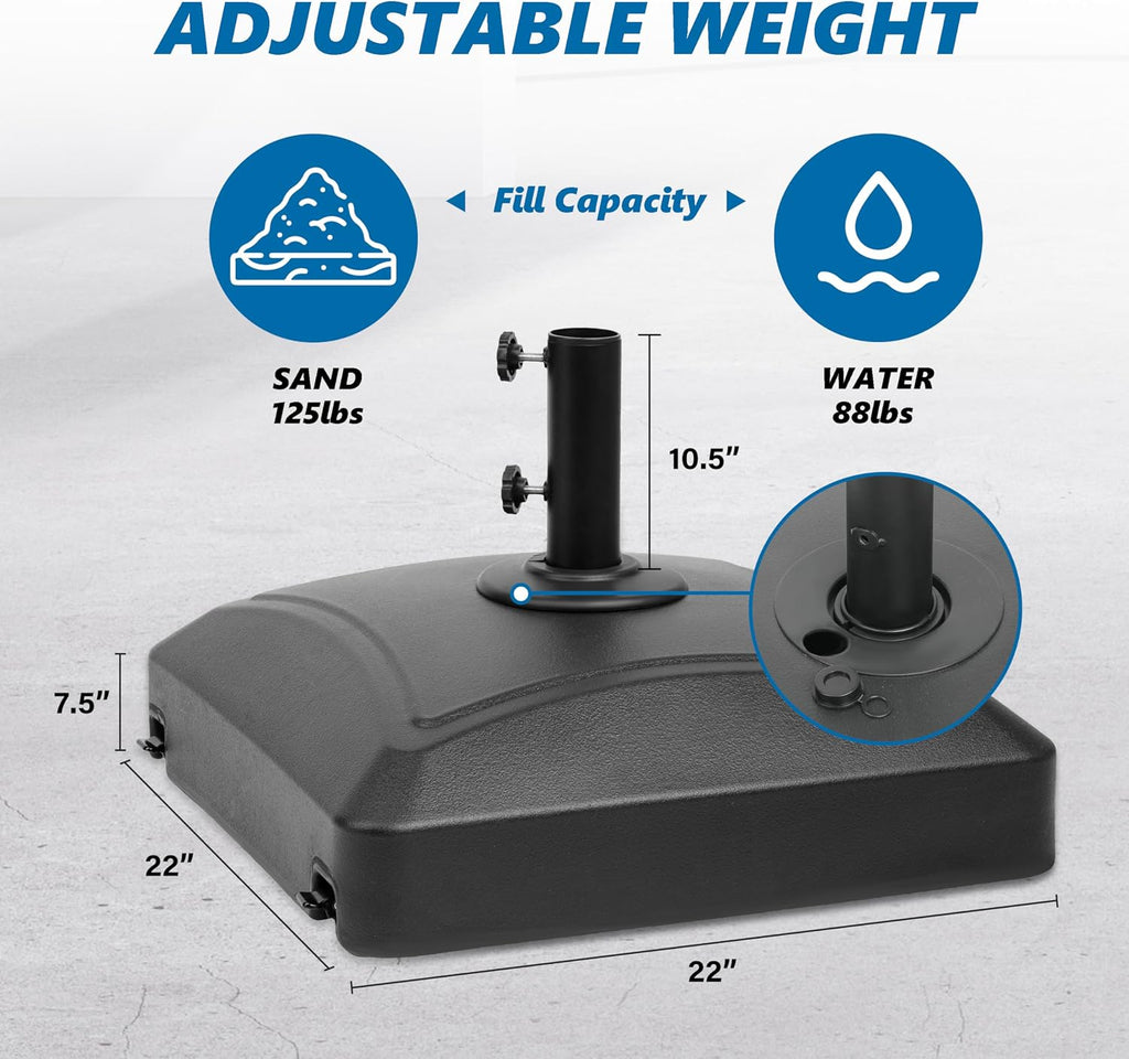 125lb Capacity Fillable Mobile Patio Umbrella Base Heavy Duty Square Market Stand with 4 Wheels, 2 Locks, 2 Knobs, Black