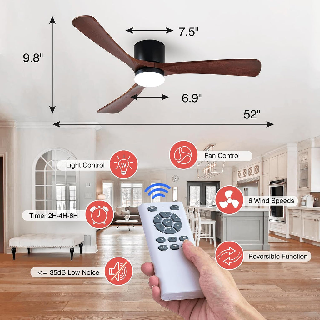 Modern 52 Inch Low Profile Flush Mount Ceiling Hugger Fan with LED Lights and Remote Control - 3 Wood Blades, Reversible DC Motor, 6 Speeds, Timer - Walnut and Matte Black