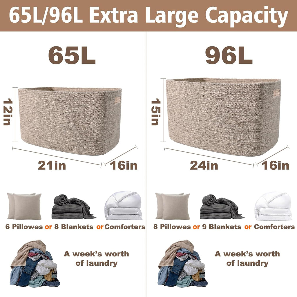 65L Large Woven Cotton Rope Blanket Basket, Oatmeal | Blanket Storage Use, Freestanding with Reinforced Handles