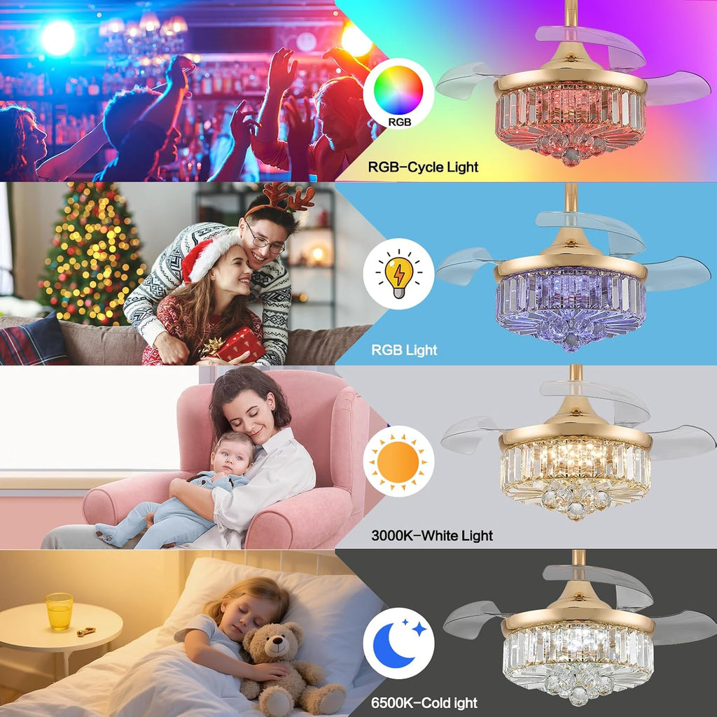 30" Retractable Crystal Ceiling Fan with Light, RGB Modern Fandelier 6 Speeds Reversible Blades Dimmable Chandelier