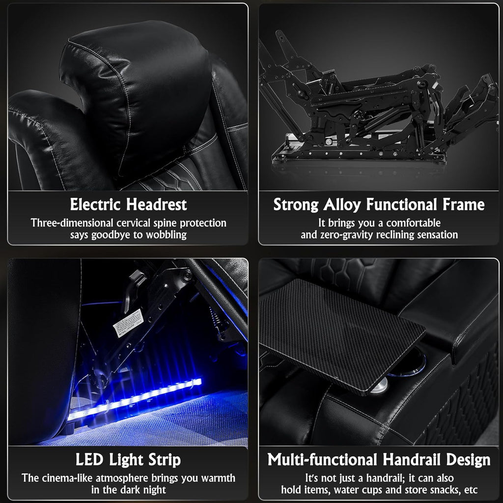 Home Theater Seating,Top-Grain Leather Recliner Sofa, Zero Gravity Power Reclining Couch with Ambient LED Lights