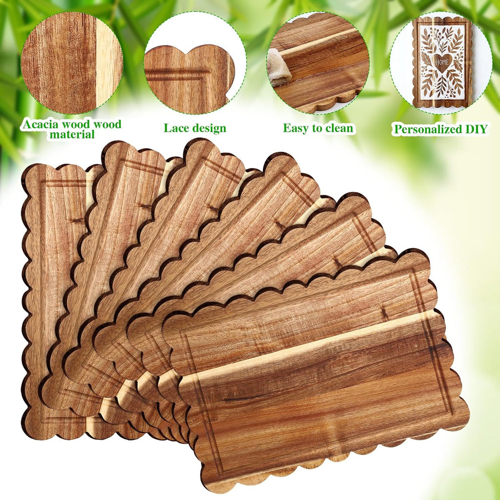 6 Pcs Acacia Wood Scalloped Charcuterie Trays Gift Set 12 x 8 Inch Wooden Serving Tray Cutting Board Bulk for Bread