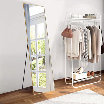 Rectangle Full Length Mirror 64"x21", Aluminum Alloy Thin Frame Floor Standing Mirror, Wall Mirror with Stand, HD