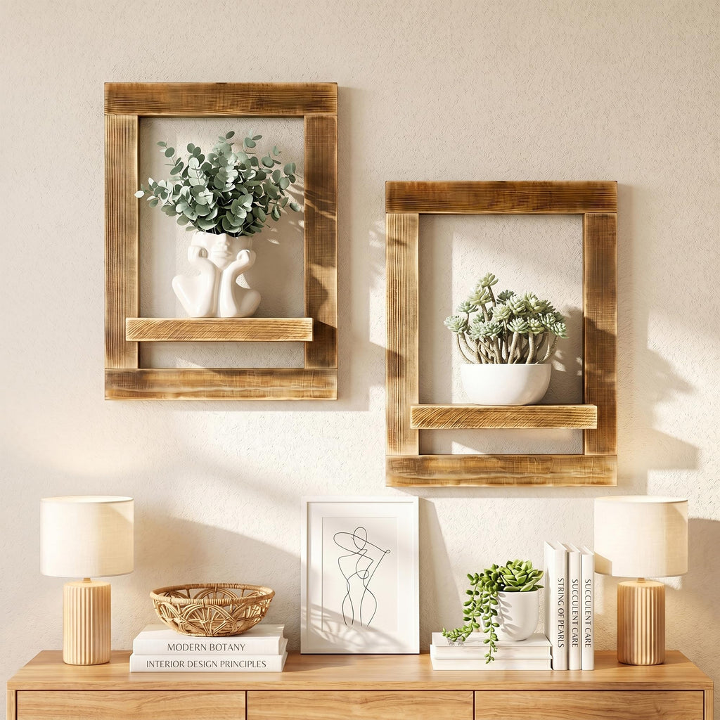 Set of 2 Rustic Floating Shelves Frame Farmhouse Boho Hanging Shelves Distressed Wood Wall Shelf Modern Farmhouse