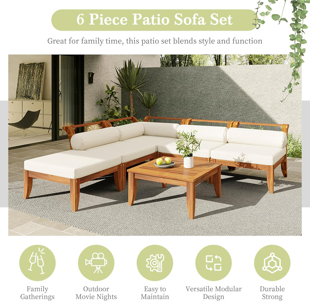 6 Piece Patio Sofa Set, Acacia Wood Outdoor Modular Sectional Garden Furniture Set, L-Shaped Conversation Set