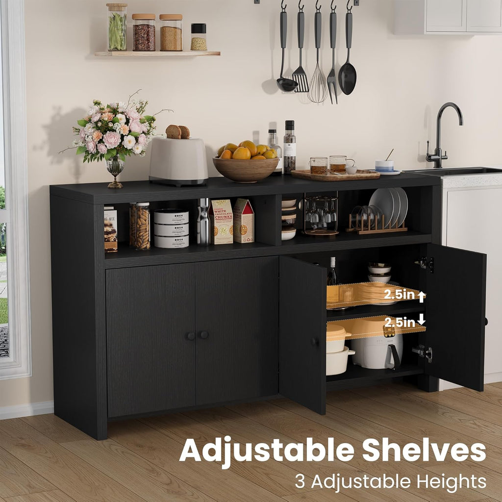 Buffet Sideboard Cabinet with Storage, 55" Large Farmhouse Kitchen Storage Cabinet with 4 Doors & Adjustable Shelves