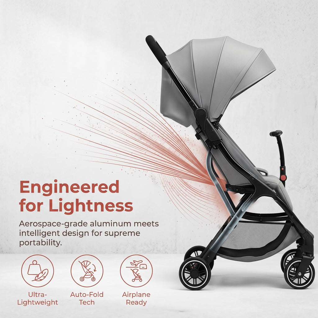Compact Travel Stroller, Premium Grey Foldable Baby Stroller
