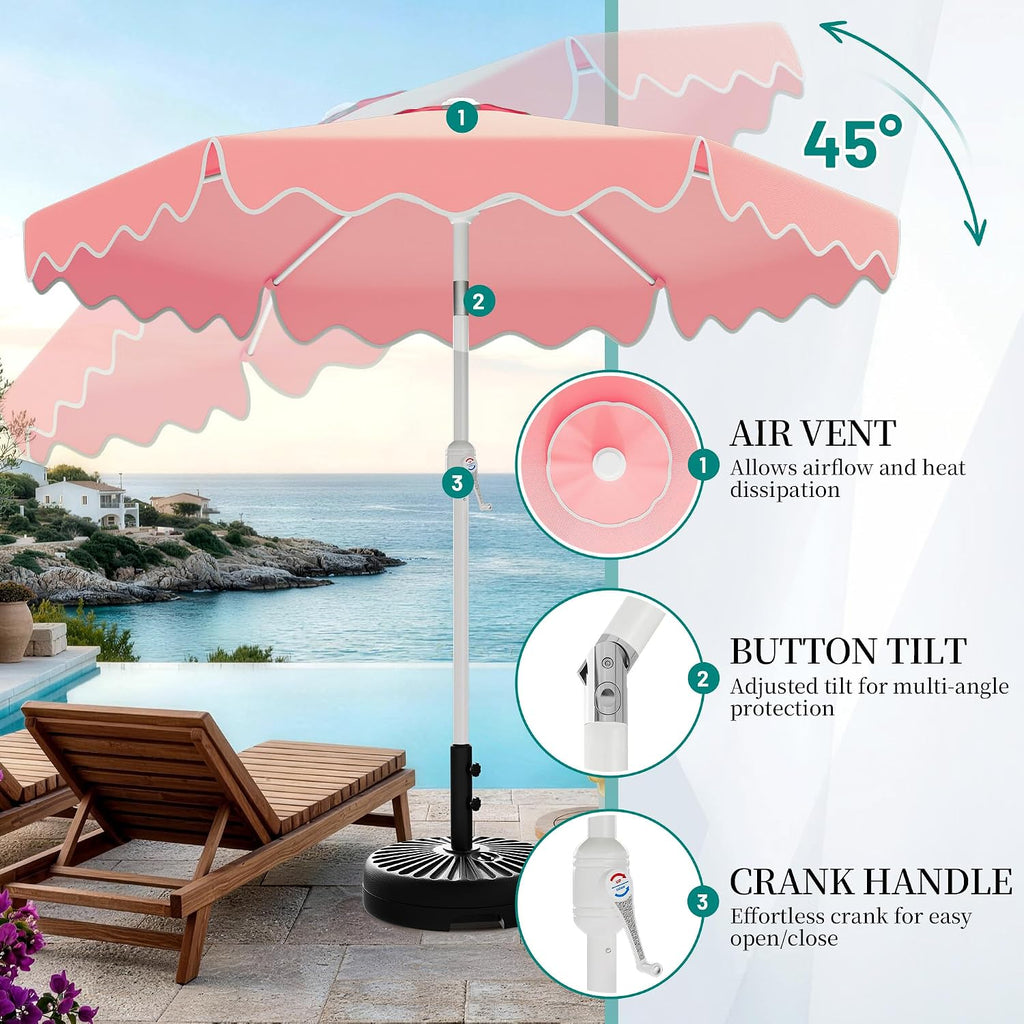 Patio Umbrella with Wavy Trim, UV-Fade-Resistant Canopy, Crank & Tilt - Peach Pink 7.5ft